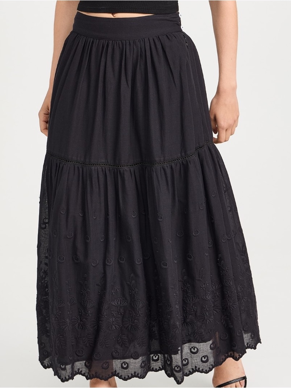 MILLE Betty Black Petal Embroidered Tiered Skirt Size M